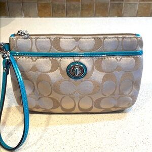 Coach Tan Sateen with Teal Leather Wristlet